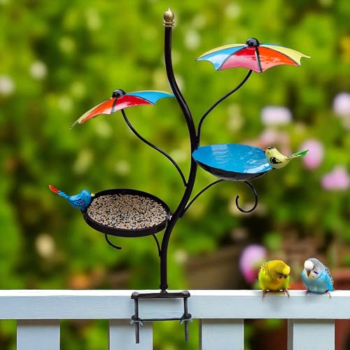 Image of Kraftskala Balcony Bird Feeder with Water Bowl & Umbrella Shade - Clamp-On Mount Bird Feeding Station for Railing - Outdoor Bird Bath & Feeder for Sparrows, Small Birds, Garden Decor