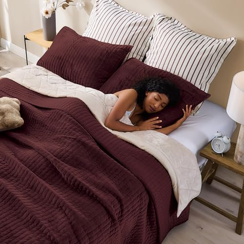 Image of Wonderful Velvet Quilt Set, King Size Burgundy Soft Fluff Texture Coverlet with Shams, Channel Stitched Pattern, All-Season Use, Versatile Lightweight Bedspread for Bedroom Adults Teens Kids,106 inchx94 inch