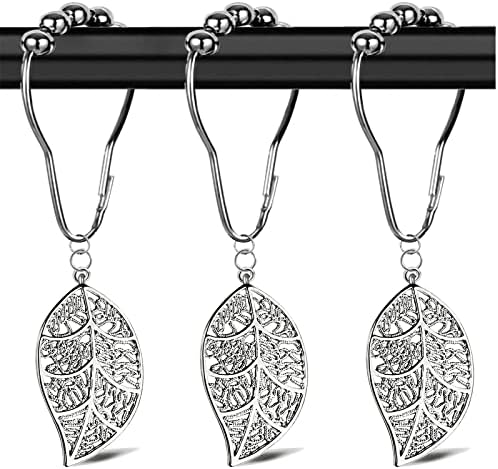 Yuiviot Shower Curtain Hooks Rings【12pack】, Silver Leaves Decorative Alloy Pendants, Rust Proof Stainless Steel Hooks for Bathroom Rod, Anti-Corrosion Hanger, Nickle Brushed Heavy Duty Roller