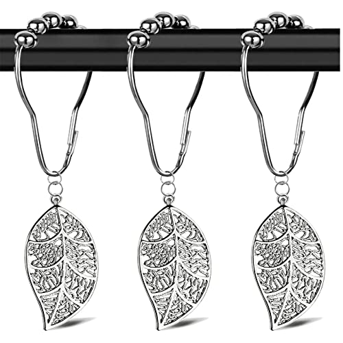 Yuiviot Shower Curtain Hooks Rings【12Pack】, Silver Leaves Decorative Alloy Pendants, Rust Proof Stainless Steel Hooks For Bathroom Rod, Anti-Corrosion Hanger, Nickle Brushed Heavy Duty Roller #TOP26