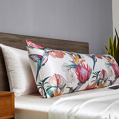 Image of MR&HM Satin Body Pillow Cover, Soft and Breathable Body Pillow Case with Envelope Closure, Cooling and Silky Long Pillowcase for Hair and Skin,Grey (20x54, Floral Bird)