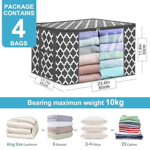 Large Clothes Storage Bags - 4 Pack Closet Storage Organizers for Clothing, Bed Sheets, Blanket, Comforters, Bedding, Durable Clothes Storage Bins with Zippers and Clear Windows, Grey
