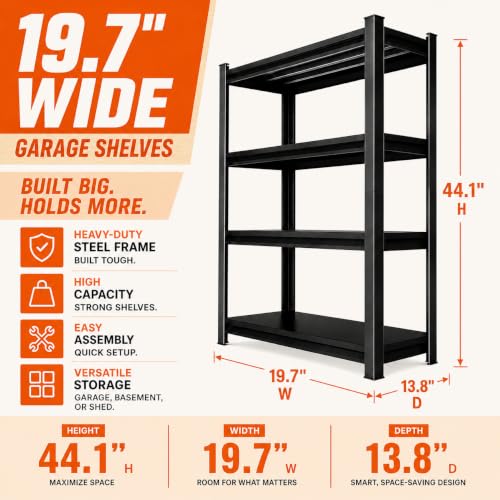 Image of Metal Garage Shelving Unit, Heavy Duty Adjustable Storage Shelves, Steel Shelving, 2000 lbs Capacity Shelves for Heavy Tools and Equipment, 4 Tier, 19.7 inch W x 13.8 inch D x 44.1 inch H