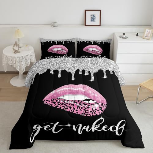 Image of Feelyou Pink Black Sexy Lips Comforter Set Twin, Get Naked Bedding Set Diamond Get Naked Comforter Kids Toddler Glitter Leopard Print Sexy Lips Duvet Set 2Pcs