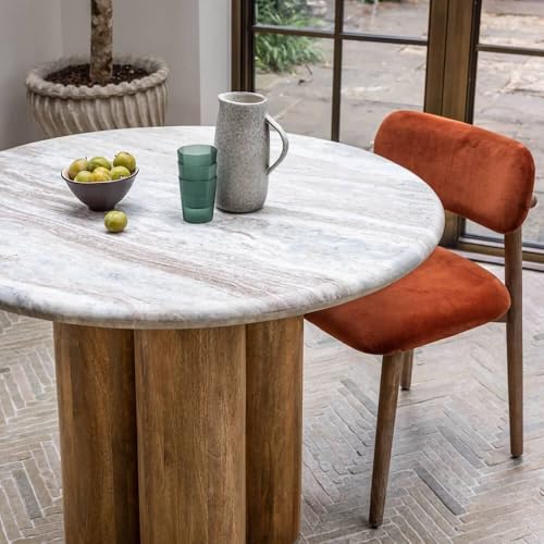 Image of Round Marble Top Dining Table for 4 Seater - Solid Mango Wood Base, Modern Contemporary Style, 47-Inch Compact Table for Dining Room, Kitchen or Cafe - Chairs Not Included