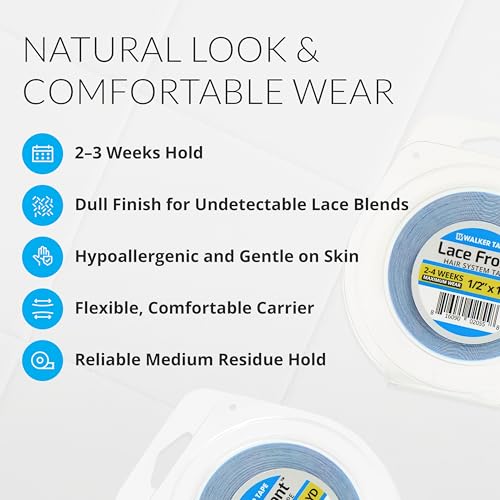 Image of Walker Tape Lace Front Support Tape Roll 1 /2 inch x 36 Yards, Double Sided Wig Tape for Lace Systems, Toupees, and Tape in Hair Extensions Human Hair, Hypoallergenic Dull Hairpiece Tape for 2-3 Week Wear.