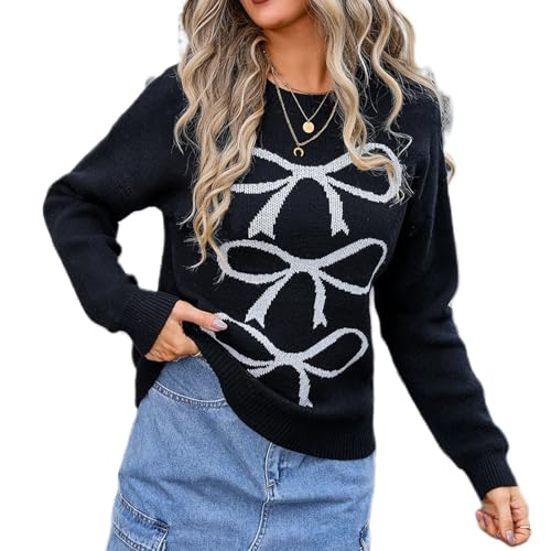 Image of Women Cute Bow Knit Sweater Y2k Long Sleeve Crew Neck Knitted Pullover Top Oversized Going Out Fall Winter Knitwear