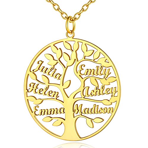 Custom4U Collier Arbre de Vie 6 Prénoms Personnalisé Plaqué Or Pendentif Six Noms d'arbre Généalogique à Graver Bijoux Personnalisable Cadeau Anniversaire pour Femme Maman Grand Mère