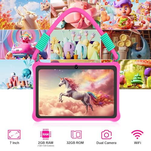 Image of PRITOM Lanyard Kids Tablet 7 inch, 32GB Toddler Tablet Android 13 with WiFi, Dual Camera, Education, Games, Kids Software Pre-Installed, Parental Control, Pink
