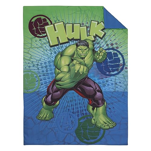 Image of NoJo Marvel The Incredible Hulk Green, and Blue 4 Piece Toddler Bed Set - Comforter, Fitted Bottom Sheet, Flat Top Sheet, and Reversible Pillowcase