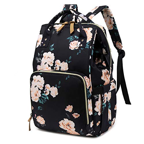 Diaper Bag Backpack, Floral Baby Backpacks with USB Charging Port Waterproof Maternity Nappy Bag with Insulated Feeding Bottle Pockets (Black)