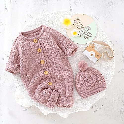 Toddler Knit Jumpsuits with Hat Button Down Crochet Ribbed Plain Sweater Rompers Baby Infant Thick Warm Bodysuits2