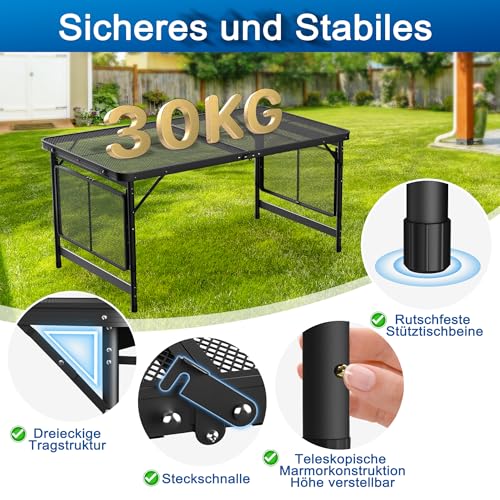 Table de camping pliable stable pour sol irrégulier avec plateau maille métallique