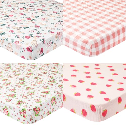 Image of Panelee 4 Pcs Muslin Crib Sheets for Boys Girls, Cotton Fitted Baby Crib Sheets 28" x 52" Neutral Muslin Crib Mattress Sheet, Soft Breathable Comfort(Rose, Rabbit, Pink, Strawberry)