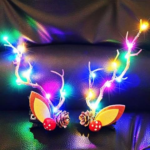 CAKURE Light Up Christmas Hair Clips Branches Hair Barrettes Hairpins LED Hair Clip Elk Cute Hair Decoration for Christmas Hair Accessories for Women and Girls (a-colorful) Cover