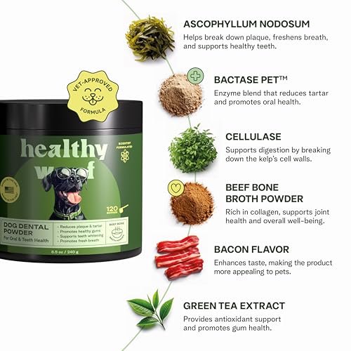 Image of Dog Dental Powder with Icelandic Kelp, Enzymes & Green Tea - Dog Breath Powder & Tartar Remover - Dental Cleaning for Dogs - 8.5 oz (120 Servings)
