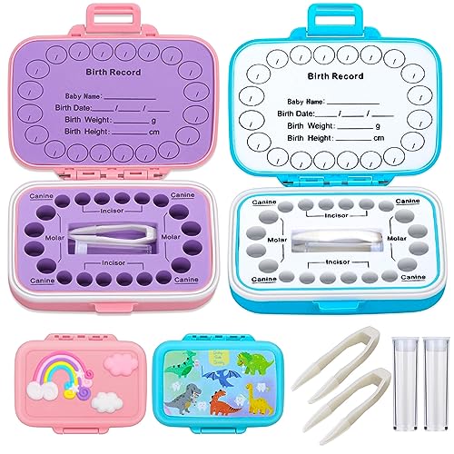 Caffox 2 Pack Tooth Holders for Kids Keepsake, Tooth Fairy Box, First Tooth Keepsake Box, Tooth Collection Container Boxes for Lost Teeth for Kids, Baby Teeth Saver Storage Case (Rainbow and Dinosaur)