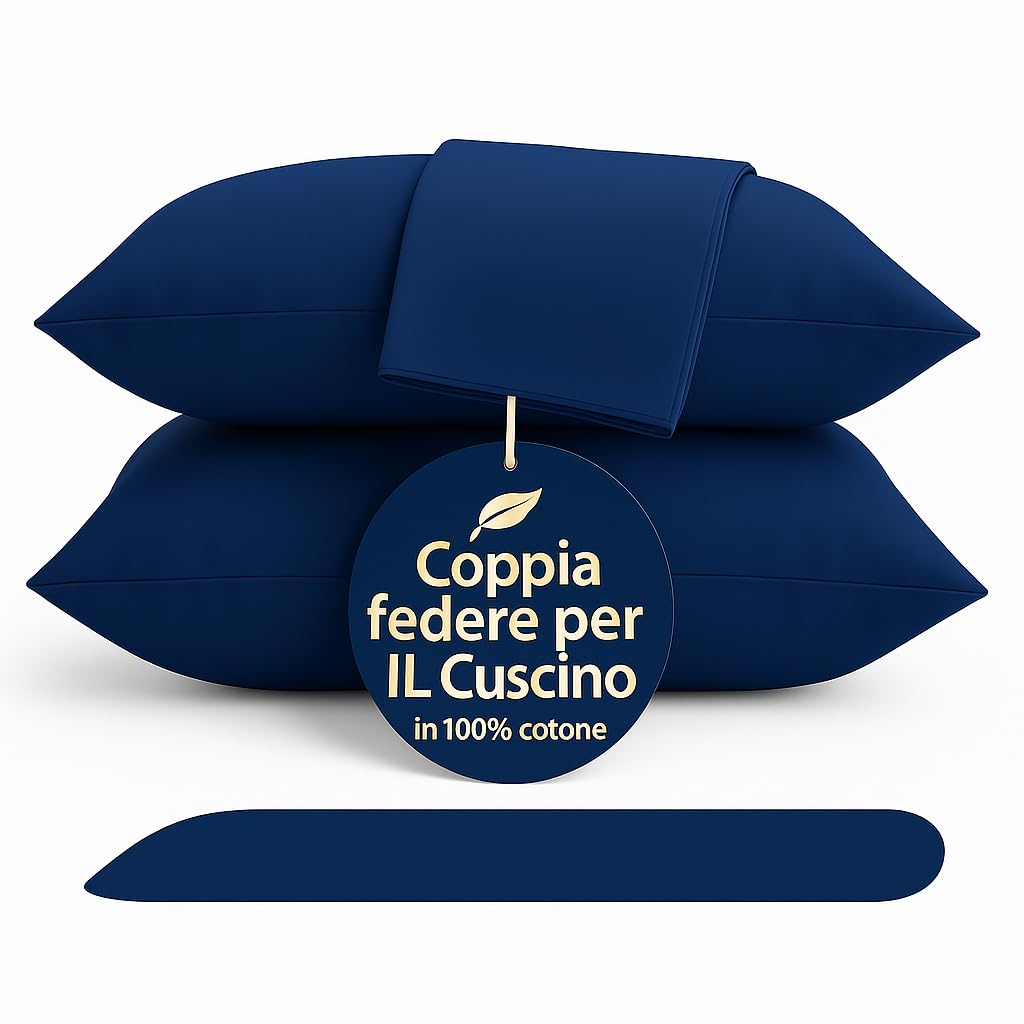 Set 2 Federe Cuscino 50x80 cm – 100% Cotone Morbido e Traspirante – Antipiega, Antiacaro, Lavabili – Naturale per Letto Singolo o Matrimoniale" (BLU)