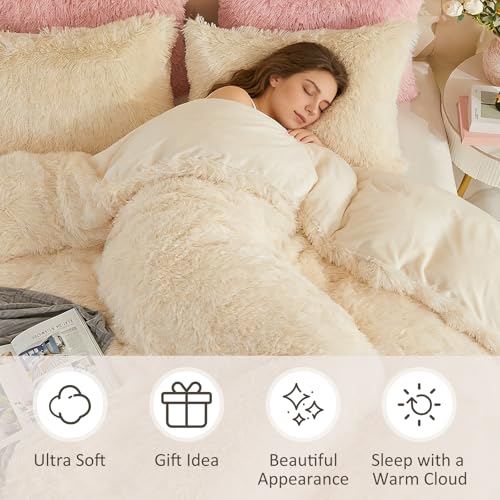 Image of EMME Luxury Fuzzy Duvet Cover Set Queen Size Fluffy Comforter Cover Set for Queen Bed 2 Pieces Shaggy and Plush Soft Bedding Duvet Covers (Cream White, Queen)