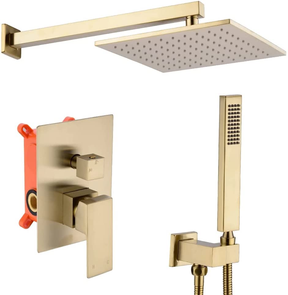 Système de douche or brossé encastré de luxe en laiton avec pommeau de 12 pouces