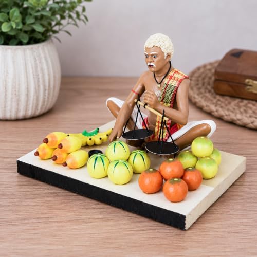 Image of Krishnanagar Handmade Clay Gift & Decor | Standard- Sitting Human Figure Miniature Idol - Fruit Seller