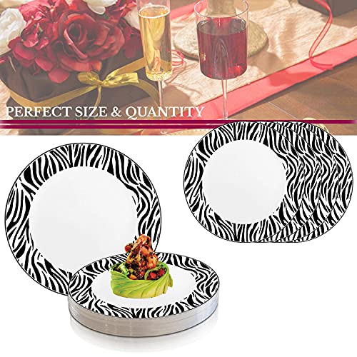 Animal Print Plates, Safari Design Plastic Party Supply, Jungle Theme Disposable Dinnerware, 10.25" Round Salad Plate For Birthday White With Black Zebra 120 Pcs) #TOP4