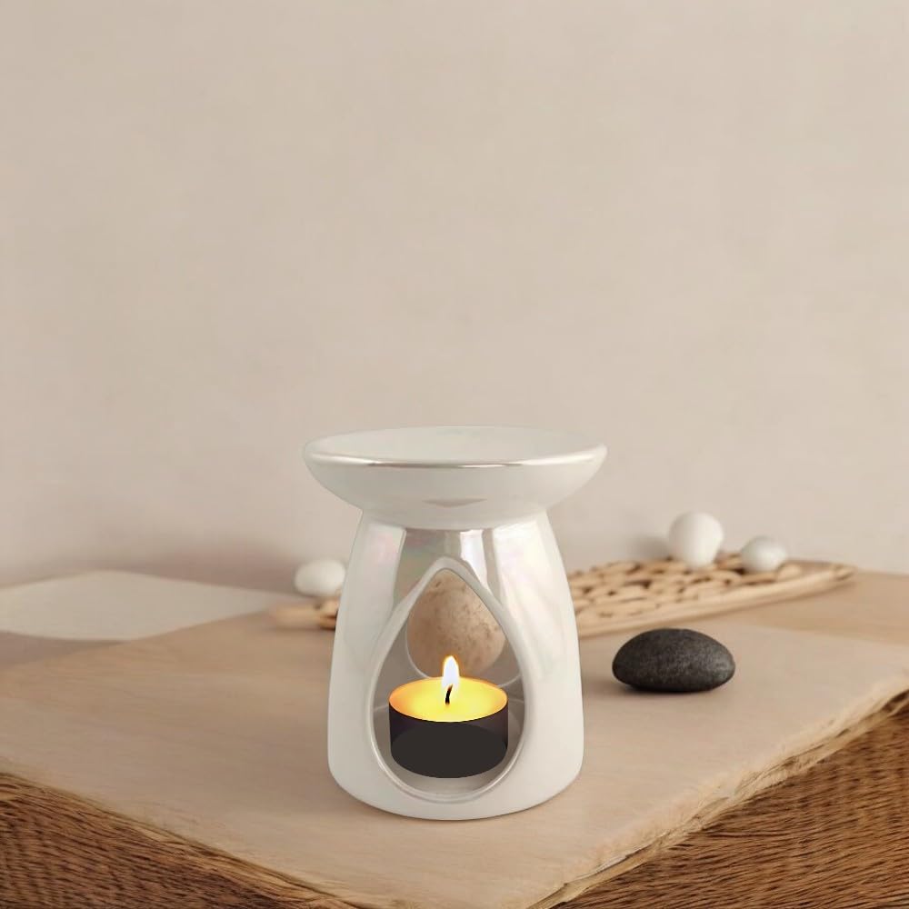 Fabfinds Iridescent White Wax Melt Essential Ceramic Oil Burner Diffuser Home Décor Gift (14Cm, 1)