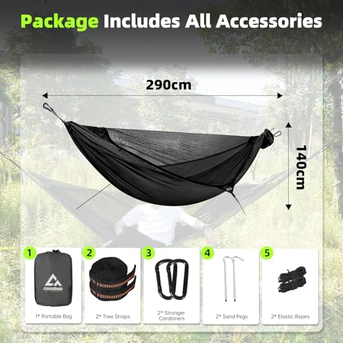 Image of 2 Adults Camping Hammock with Mosquito Net | Portable, 500 lbs Hammock, 2-in-1 Double Camping Hammock, with Tree Straps, Guy Lines & Stakes, Hiking, Backpacking, Black