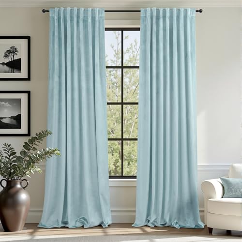 Image of Extra Long Light Blue Velvet Blackout Curtains 108 Inch Length 2 Panel for Large Window Living Room Spring Back Tab Pocket Cold Blocking Heavy Ceiling Floor Winter Drape for Bedroom Patio Sliding Door