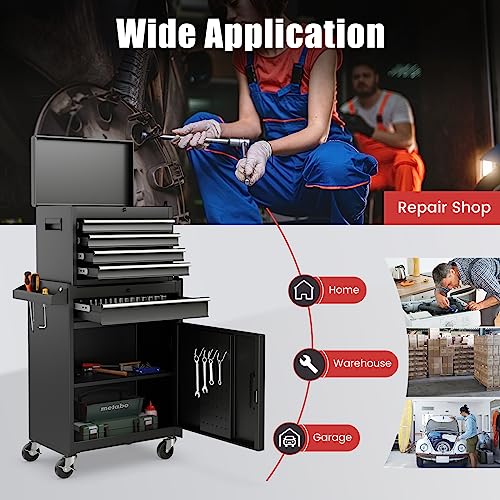 TANGZON Lockable Tool Cabinet, Rolling Tool Chest Combo with Wheels, Drawers, Hooks & Side Handle, Detachable Garage Workshop Tool Cart Trolley (without Middle Compartment, Black) 9 TANGZON Lockable Tool Cabinet, Rolling Tool Chest Combo with Wheels, Drawers, Hooks & Side Handle, Detachable Garage Workshop Tool Cart Trolley (without Middle Compartment, Black) - Image 9