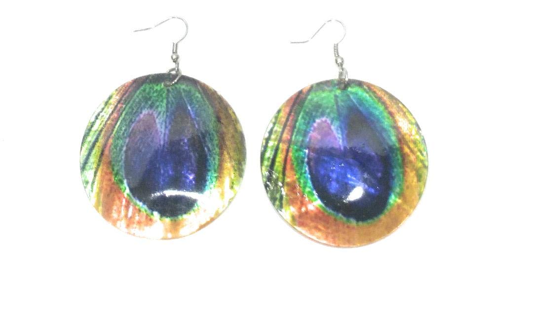 Peacock Feather Shell Hippy Boho Jewelry Earrings Turquoise Blue Green 2.5"