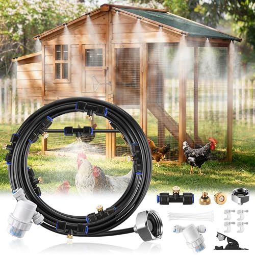 Dreyoo Misters for Outside Patio 20FT Chicken Coop Misting Cooling System with 10 Brass Nozzles & Fliter & 3/4 Adapter Outdoor Misting System for Garden Greenhouse Trampoline & Canopy
