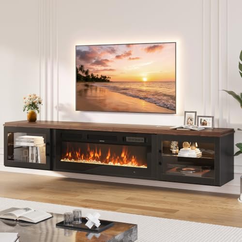 Image of 80 inch Floating TV Stand with Fireplace, High Gloss Finish Wall Mounted Fireplace Entertainment Center with Storage for TVs Up to 90 inch, Brown & Black and WI-FI Enabled