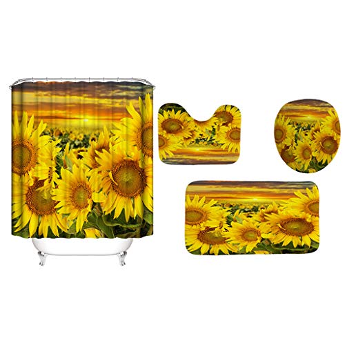 junengSO 4PCS / Set Sonnenblumen Duschvorhang Blumen Bad Vorhang Wasserdichtes Polyester