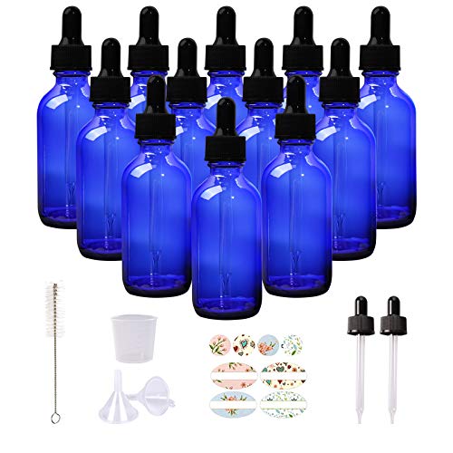 HWASHIN 12 Pack 2oz Cobalt Blue Glass Bottles with Glass Eye Droppers for Essential Oils, Perfumes & Lab Chemicals (Brush, Funnels, 2 Extra Droppers, 24 Pcs Labels & 30ml Measuring Cup Included)