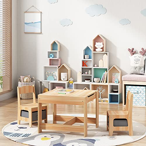 Image of Sandinrayli Wooden Kids Table and Chair Set, 3 in 1 Kids Dining Table with Chairs, Toddler Table and Chair Set with Storage Drawer, Children Activity Table for Playing, Drawing, Reading