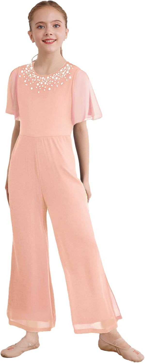 Jelory Girls Birthday Party Jumpsuit Kids Short Sleeve Round Neck Rhinestone Wide Leg Romper One Piece Outfits