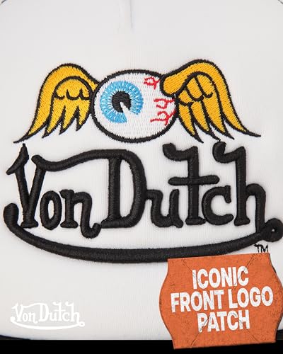 Image of Von Dutch Monogram Trucker Cap - Retro Snapback Cap for Men and Women - Adjustable Snap Fit Panel, Mesh Rear, Curved Bill