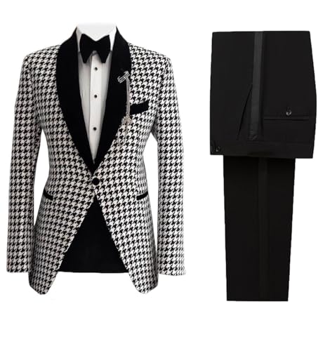 Men's Houndstooth Blazer Suit with Slim Fit Pants Black 1 Button Closure