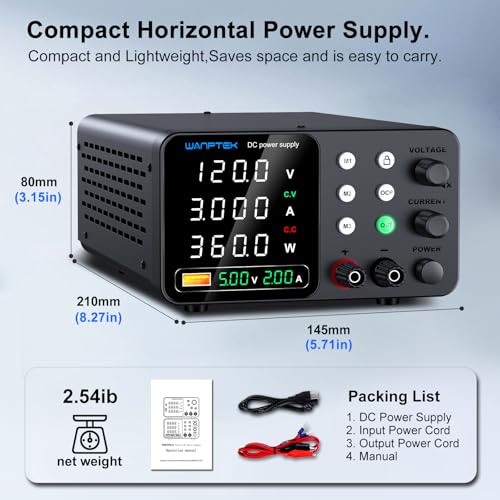 Image of WANPTEK DC Power Supply Variable 0-120V 0-3A, Adjustable Switching Regulated Bench Power Supplies with Memory Preset, Lock Key, OCP Protection, USB Fast Charging for Laboratory /Electronic Repair