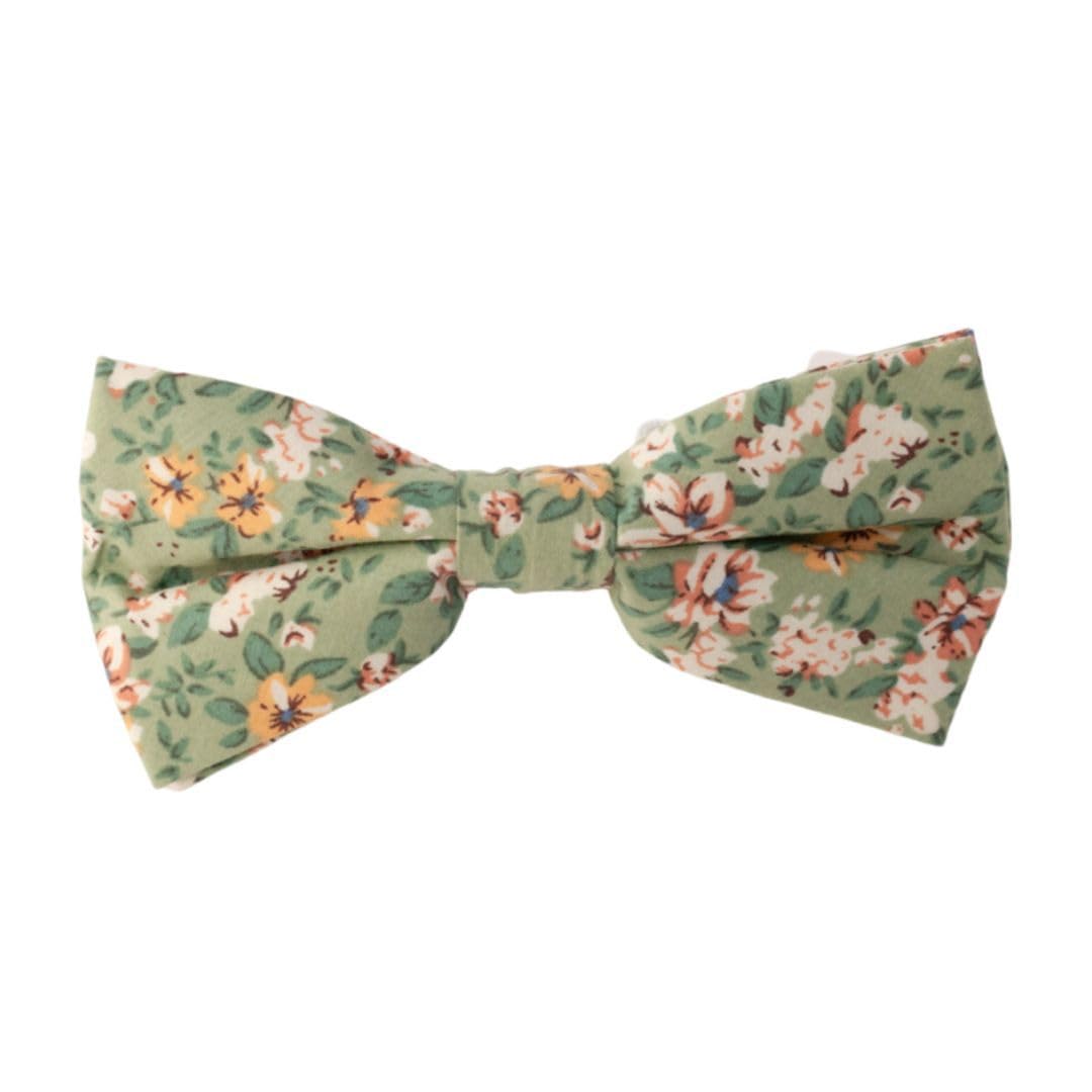 Children's Kids Boys Luxury Cotton Elasticated Bow Tie (Green, Cream & Yellow Floral)