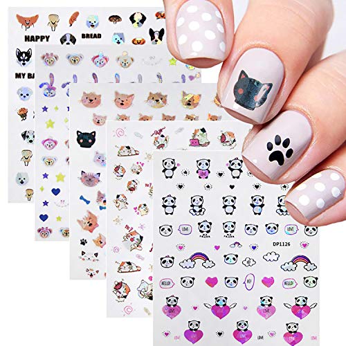 5 Sheets Laser Animal Nail Stickers,3D Self Adhesive Two-Color Cat Dog Panda Rabbit Monkey Nail Decals for Acrylic Nails Supplies, DIY Manicure Nail Decoration Beauty Accessories