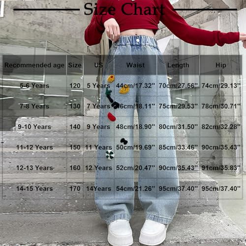 Girls Cute Coconut Tree Graphic Jeans Wide Leg Loose Elastic Waist Comfy Summer Kids Denim Pants for 5-15 Years3