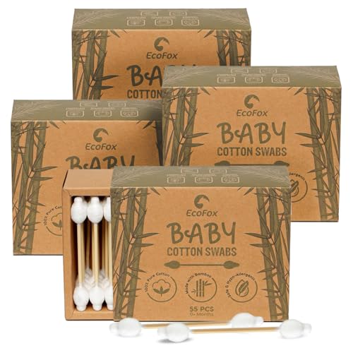 Baby Cotton Swabs 220 Count | Eco-Friendly & Pure Cotton Buds | Double-Tipped Safety Sticks | 100% Plant-Based & Natural | Perfect for Skin Care & Baby Personal Care
