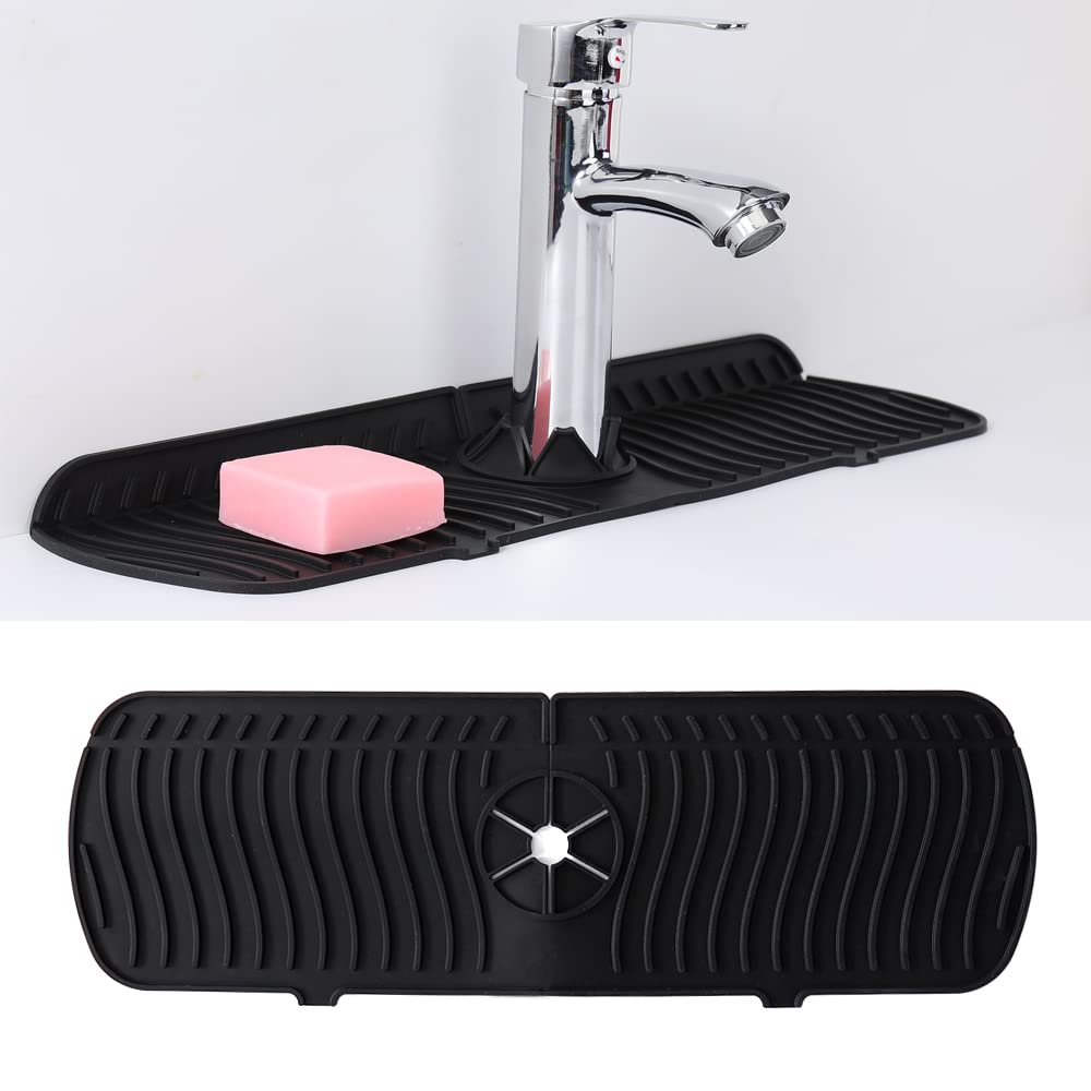 Kitchen Sink Splash Guard, Bathroom Silicone Sink Faucet Mat Water Splash Guard, Countertop Fast Drying Faucet Absorbent Mat, Drying Mat Behind Faucet Drip Catcher (18‘’x5.5‘’, Black)