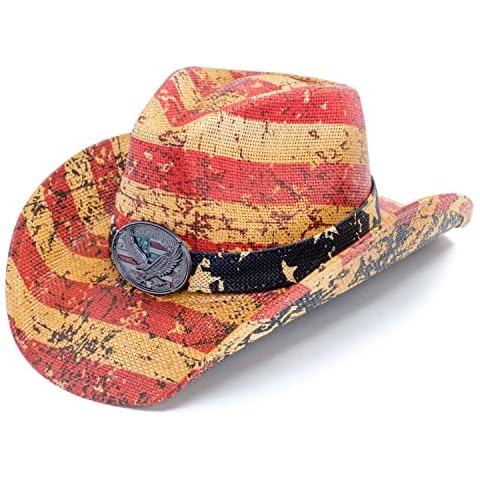 Old Stone Straw Cowboy Cowgirl Hat for Men Women Wide Brim Sun Hat Western Style (American Flag) Cover