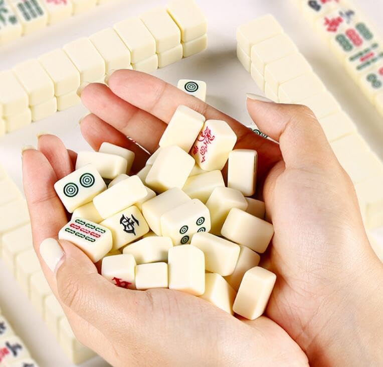 HEYOUTH Set de Mahjong Mini de Voyage - Mahjong Chinois Traditionnel avec 144 Tuiles Beiges, Jeu Complet de Voyage pour Réunions et Jeux de Société