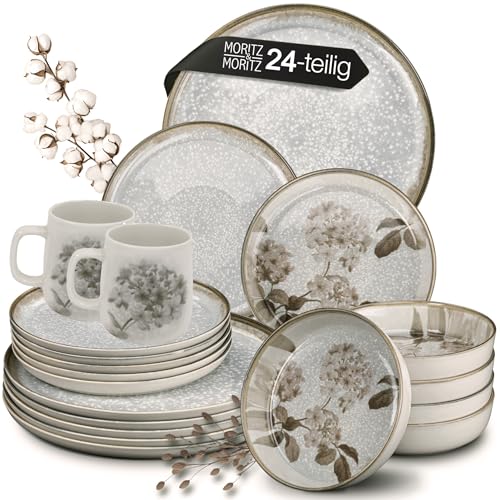 Moritz & Moritz BLOSSOM Porzellan Geschirrset 6 Personen 24-tlg. - Modernes Tafelservice mit verspieltem Design - Pflegeleichtes Kaffeeservice mit Teller Set, Schüsseln & Tassen - Kombiservice