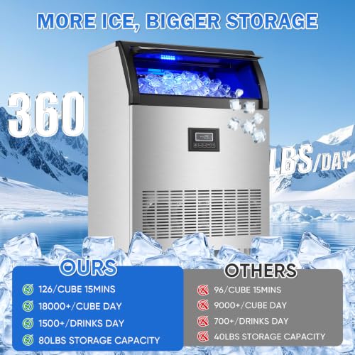 Image of Commercial Under Counter Ice Maker Machine 360Lbs /24H, 80Lbs Storage