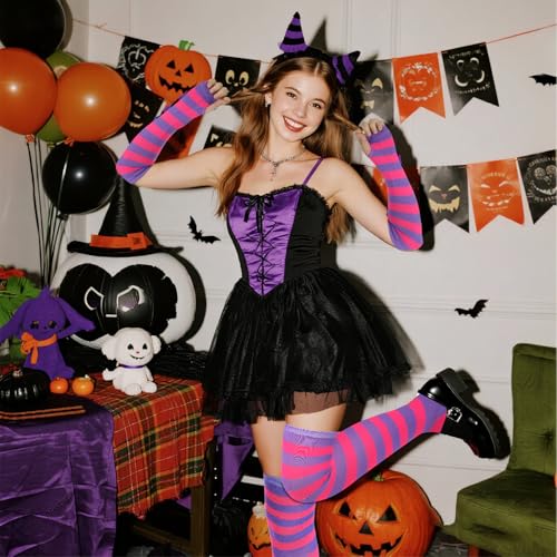 Image of Tongcloud Women's Striped Knee High Socks, Over Knee Thigh High Socks, Arm Warmer and Fingerless Gloves Set